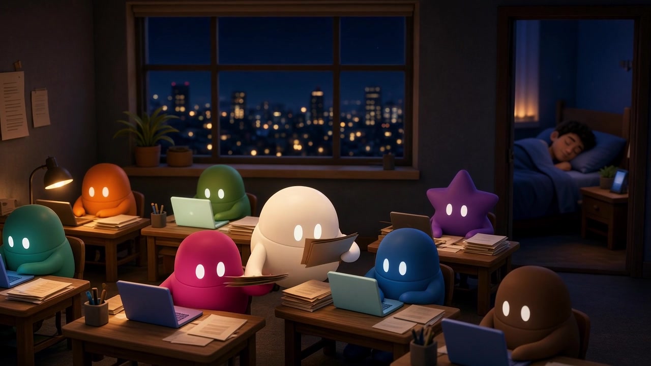 An animated Grok Bot fleet scene: bots work at their desks while Matias sleeps in the background.